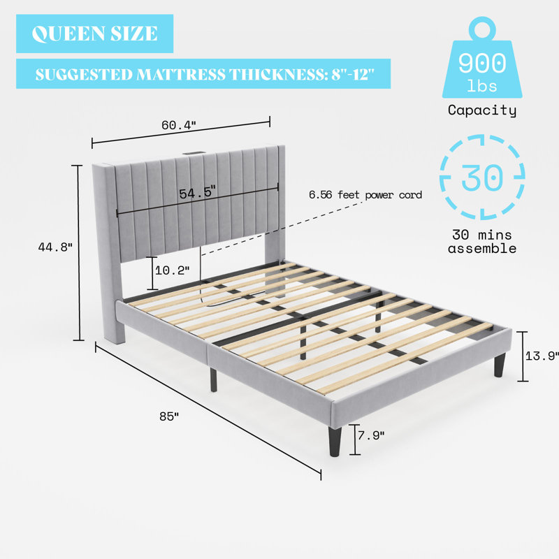 Alti 44.8'' Velvet Upholstered Tufted Bed Frame with Charging Station