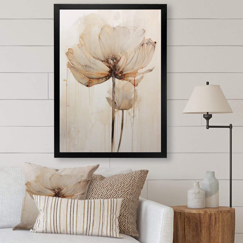 «Beige Lotus Reflections I» sur toile, Cadre photo noir simple, H 44 po x l 34 po x P 1,5 po