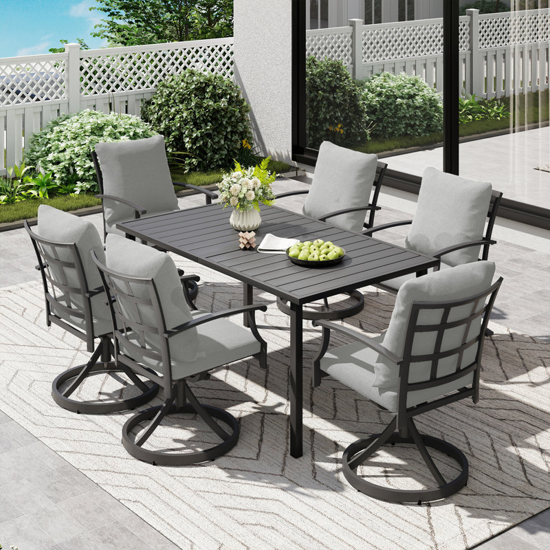 Maynard 7-Piece Black Metal Patio Dining Set With Rectangular Table, 6 Swivel Dining Chairs And Gray Cushions, Gray