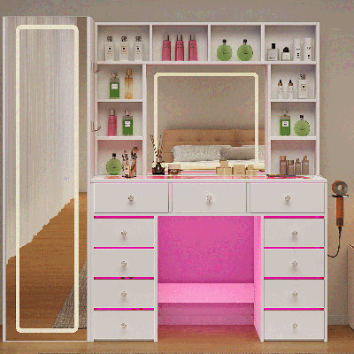 Bureau de meuble-lavabo avec miroir pleine longueur et lumières 3 couleurs, plateau transparent avec 11 tiroirs RVB, 10 tablettes, miroir pleine longueur avec tablette de rangement, meuble-lavabo avec station de charge, blanc