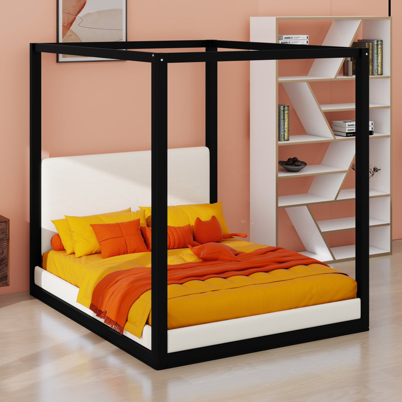 Lit plateforme classique avec baldaquin, tête de lit tapissier de qualité supérieure, Black Frame+White Fabric, Queen