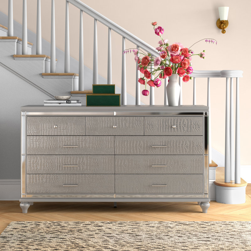 Commode double 9 tiroirs Sherley, Argent