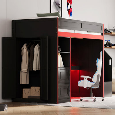 Loft Bed with Desk and Storage, LED Lights, Bed Frame for Space-Saving