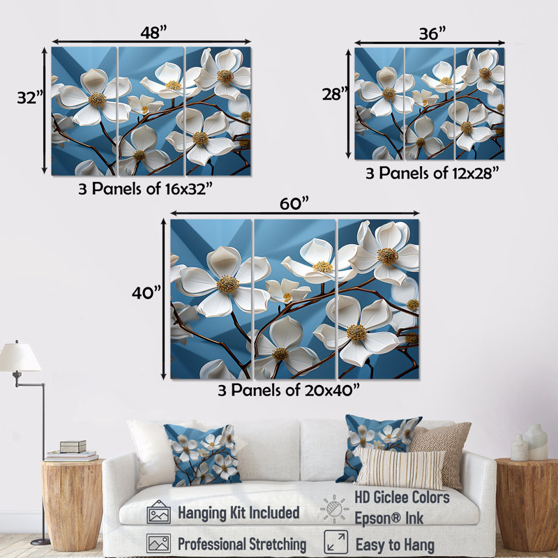 Cubist Dogwood Flowers Harmony - ensemble d'art sur toile Dogwood, H 40 po x l 60 po x P 1 po