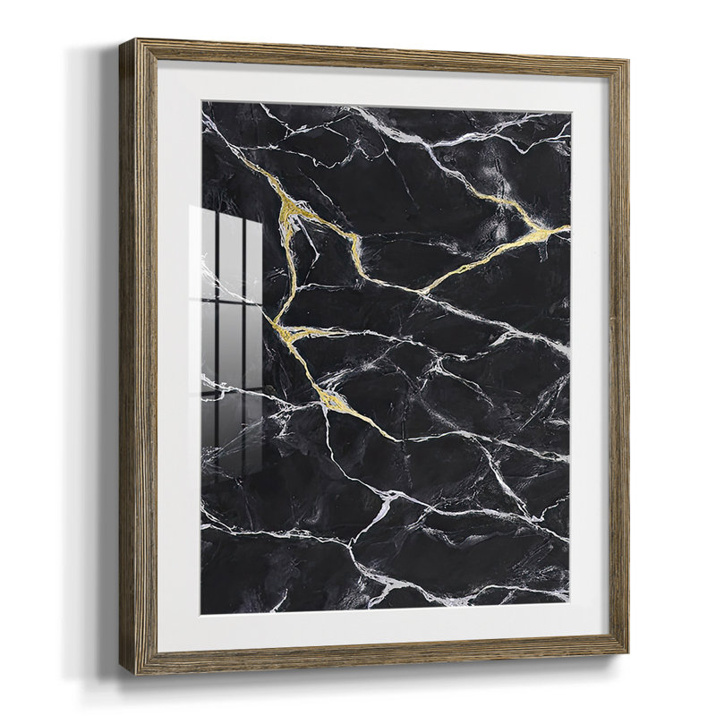 Marbre noir I, reproduction encadrée, Papier avec cadre noyer, Blanc