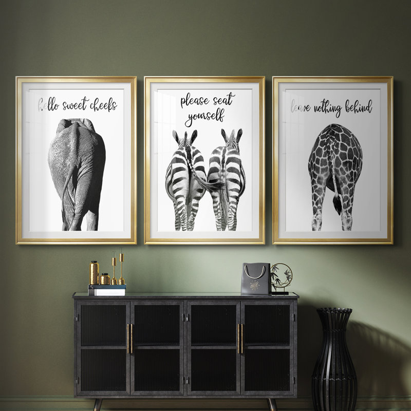 Elephant Bum - reproduction encadrée sur mesure de qualité supérieure mate - 3 pièces, Doré
