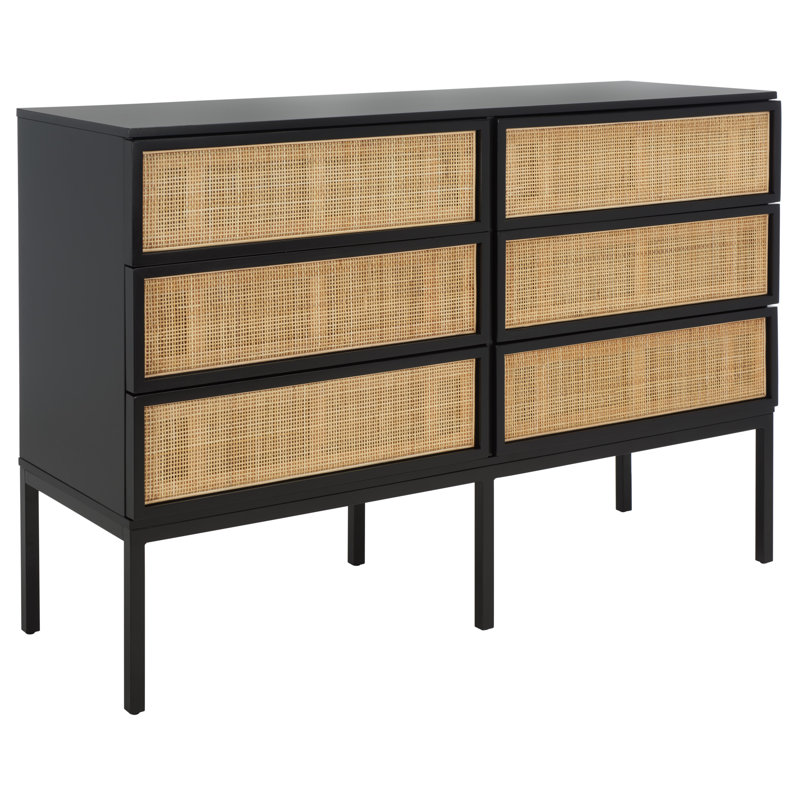 Commode 6 tiroirs Prudhoe, Noir / noir avec rotin naturel