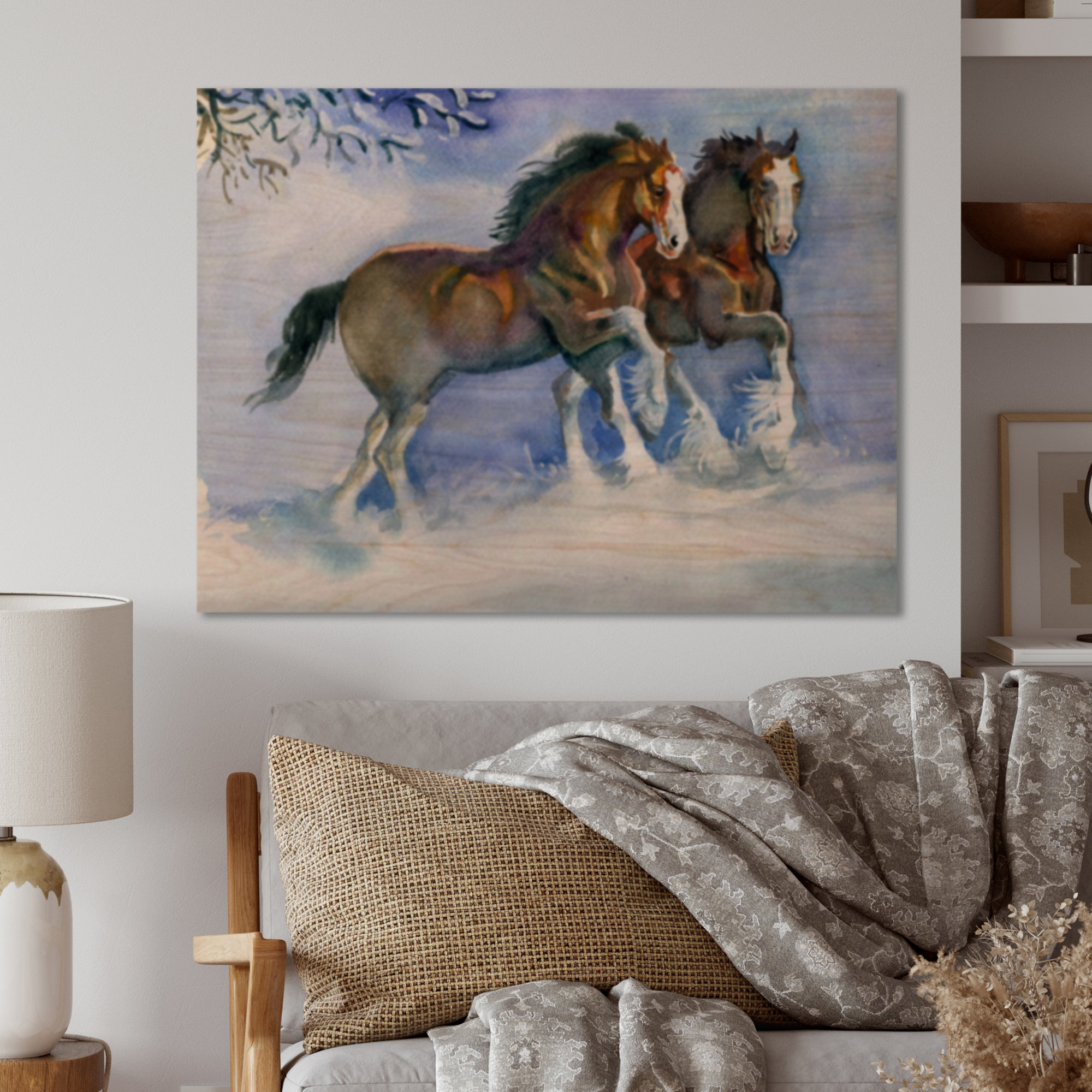 Millwood Pines Horses Running In Winter On Wood Painting Wayfair   Horses Running In Winter On Wood Painting 