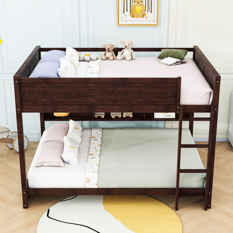 Queen Over Queen Bunk Bed With Storage Cabinets And USB, Brown
