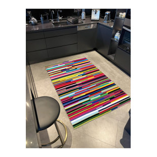 Multi Color Straight Striped Pattern Woven Base Machine Washable Area Rug