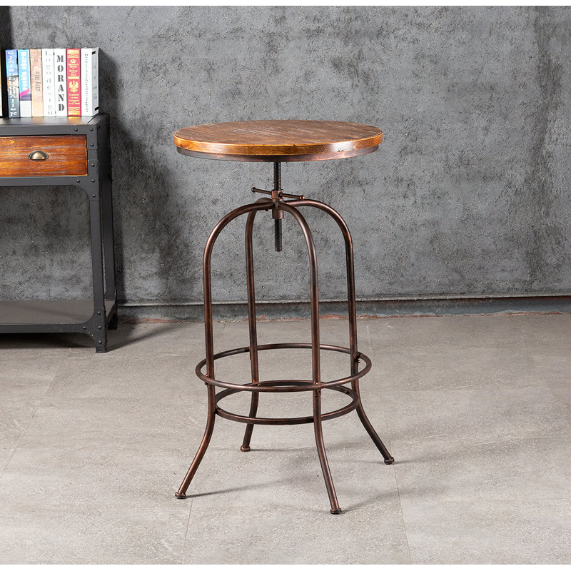 Gyu Pine Round Solid Wood Top Metal Base Dining Table, Antique Copper