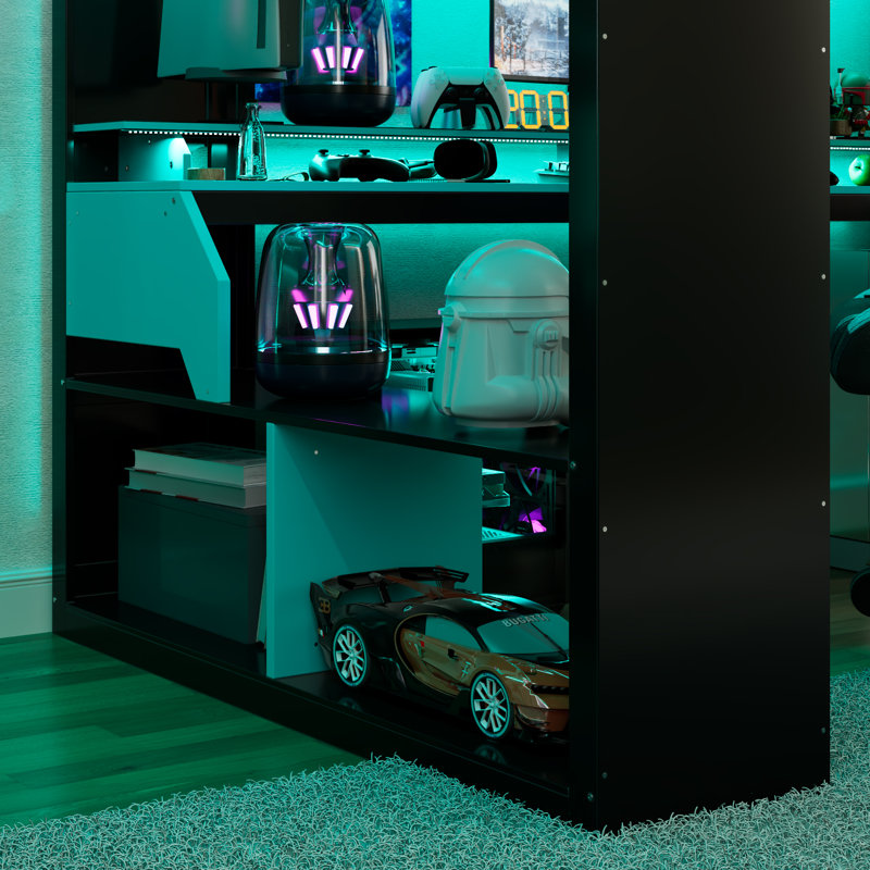 Full Size Wood Loft Bed With Power Outlet & USB/Type-C Ports, Integrated Cable Management, And RGB Light, Blue, Blue