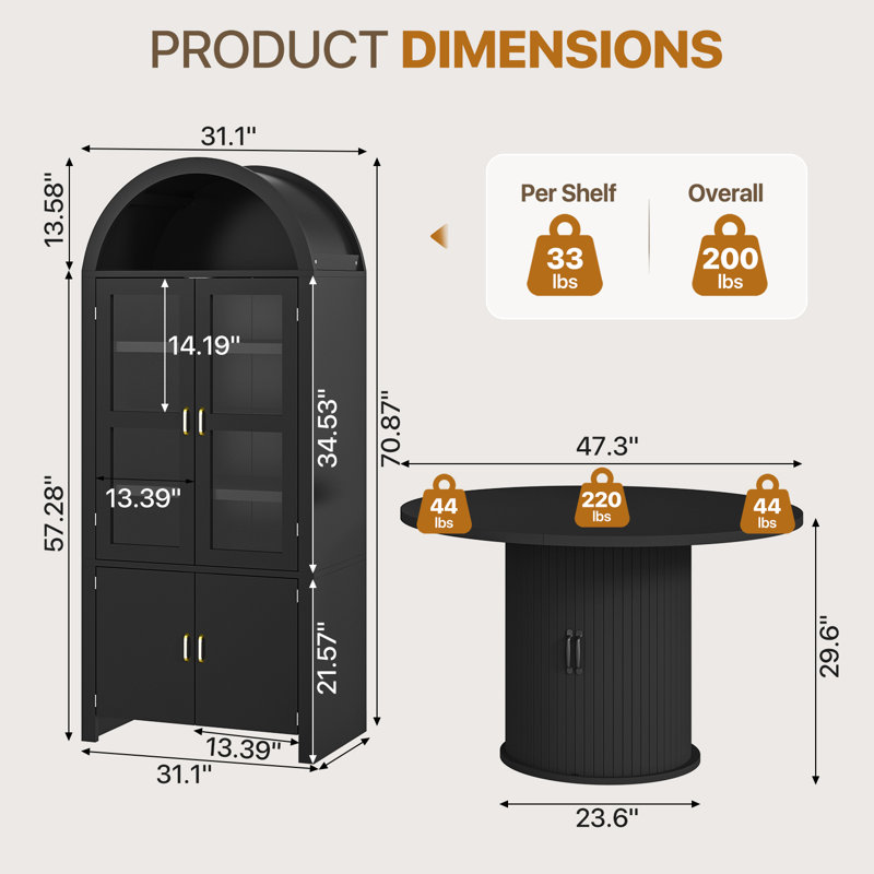 Table de salle à manger ronde 47 po avec armoire de rangement pour garde-manger de 71 po de hauteur, Noir