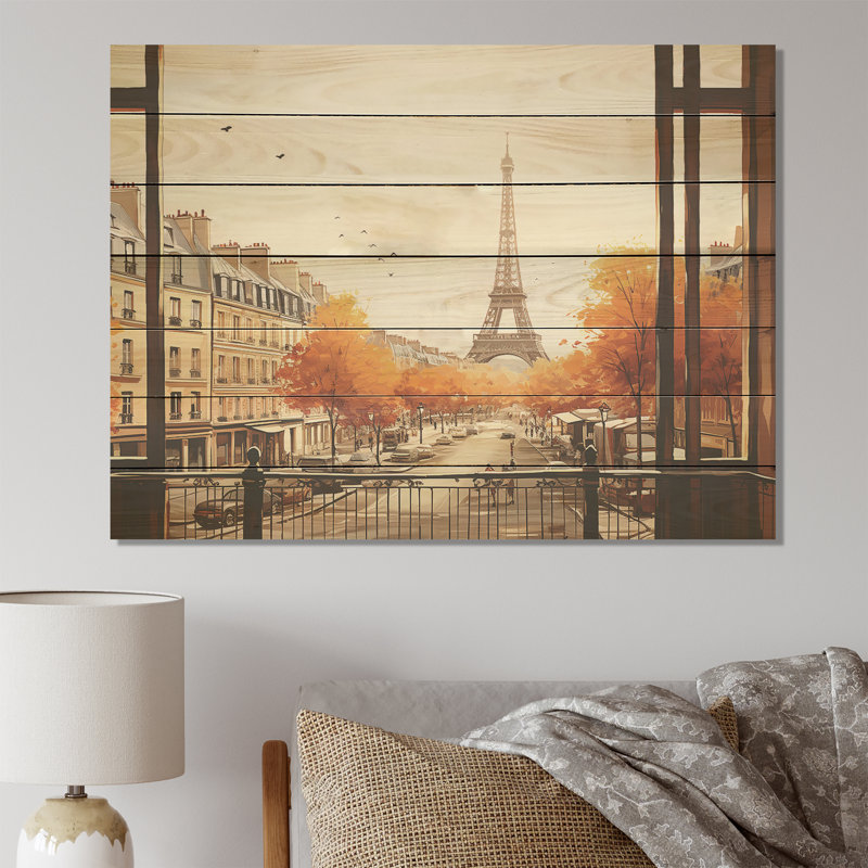 «Rustic Eiffel Tower Paris Window View III - City Paris», impression sur bois, H 10 po x l 20 po x P 0,78 po
