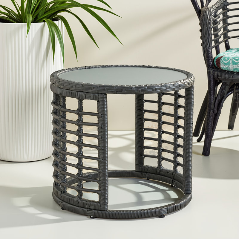 Table d'appoint grise en faux rotin - plateau en verre trempé, design bohème intérieur / extérieur moderne, Gris