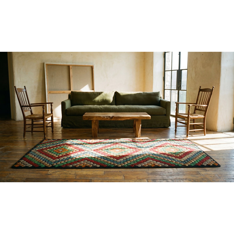 Antique Geometric Diamon Pattern Jewel Tone Color American Hooked Rug