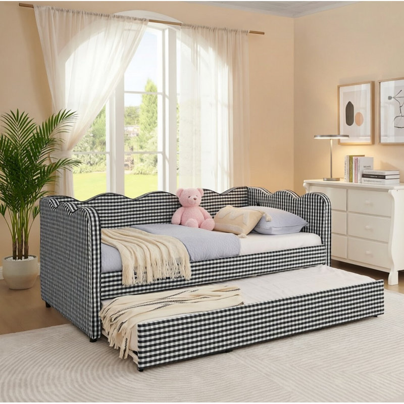 Lit de jour simple adorable en forme de vague en tissu de lin Vichy douillet ， avec port USB gigogne ， Aucun sommier nécessaire
