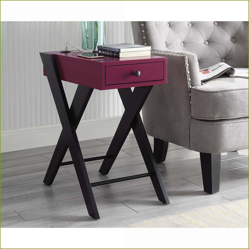 Modern X-Leg Burgundy Coffee Table with Built-in USB Port &amp; Single Drawer Storage