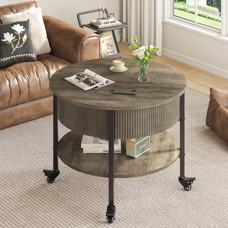 Round Coffee Table With Wheels, Gray Wood