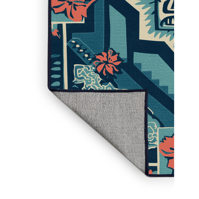 Machine Washable Flemington Maui Eclectic Block Print Rug in Blue – Navy Binding, 7x10