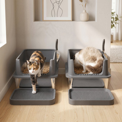 Lot de 2 bacs à litière XL en acier inoxydable, bacs à litière extra larges en métal pour chats, à bords hauts, pour grands chats et familles nombreuses, semi-fermés avec marchepied, pelles en acier inoxydable, anti-fuites d'urine