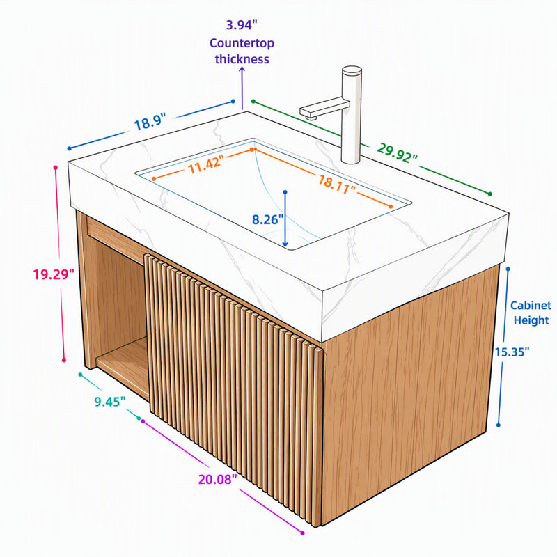 Meuble-lavabo flottant mural 30 po avec lavabo, blanc, Noyer, 30", Blanc de Carrare
