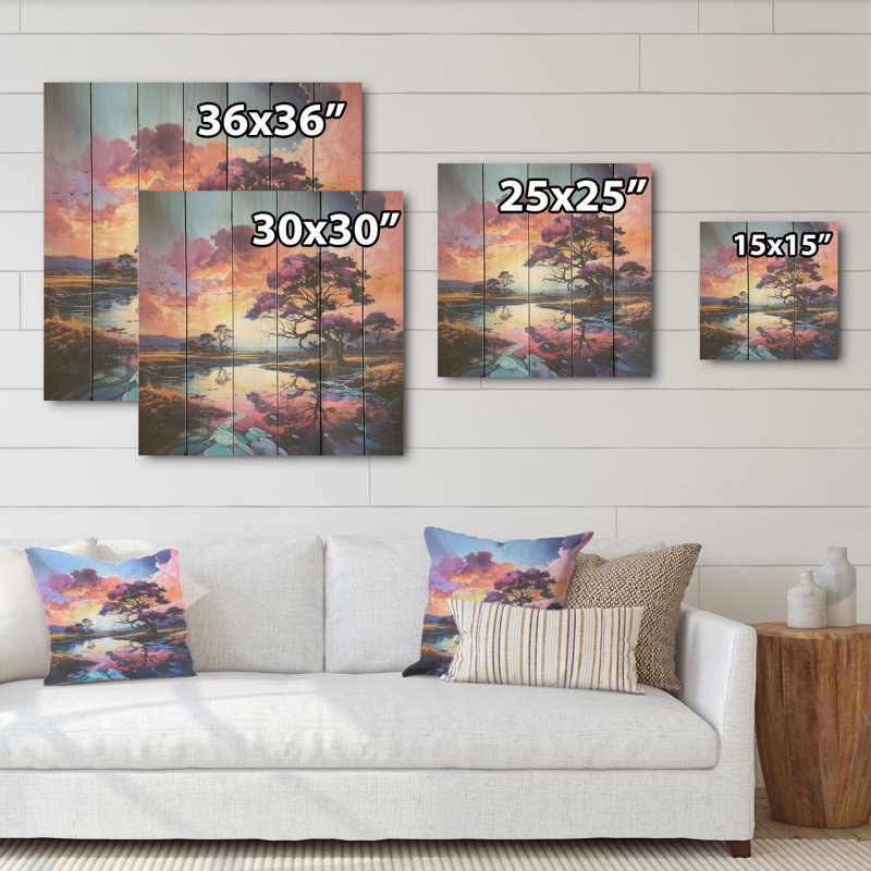«Charmant Dessert Sky At Sunset I» - Art sur bois de pin naturel, H 30 po x l 30 po
