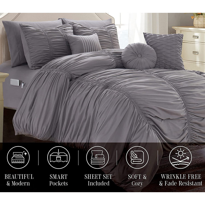 Modern Comforter, Queen Comforter + 10 Standard Pillowcases, Gray