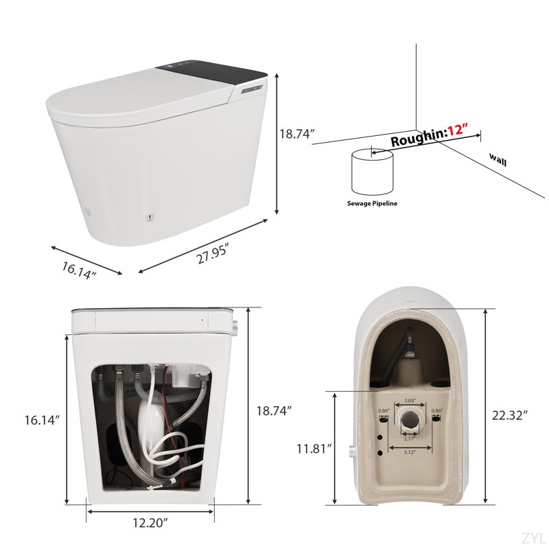Tankless Smart Toilet With Bidet Built In, Auto Open & Close, Wider Bidet With Heated Seat, Warm Water And Dry, Foot Sensor, LED Display, Remote Control, White