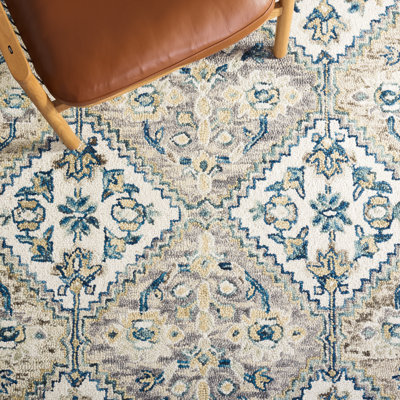 Tapis blanc / bleu en laine / coton touffeté à la main Linh