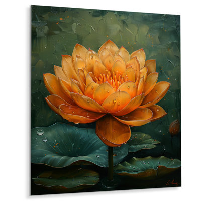 Orange, vert, vibrant, réveil, lotus, lotus, art mural, salon
