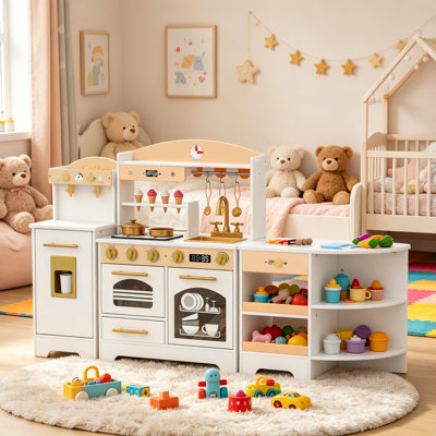 Ensemble de jeu de cuisine en bois tout-en-un avec machine à café, four, machine à glaçons et barbecue, ensemble de jouets de cuisine complet avec accessoires riches, cadeau de mobilier de salle de jeu idéal pour les garçons et les filles de 3 ans et plus