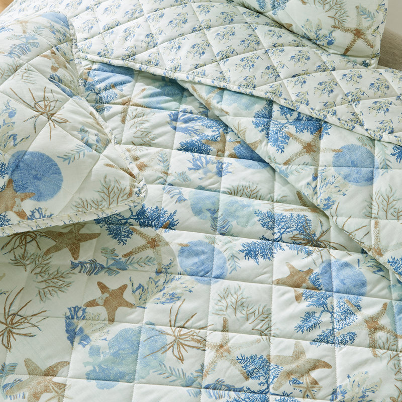 Full Blue Coral Microfiber Reversible Coastal Quilt Set