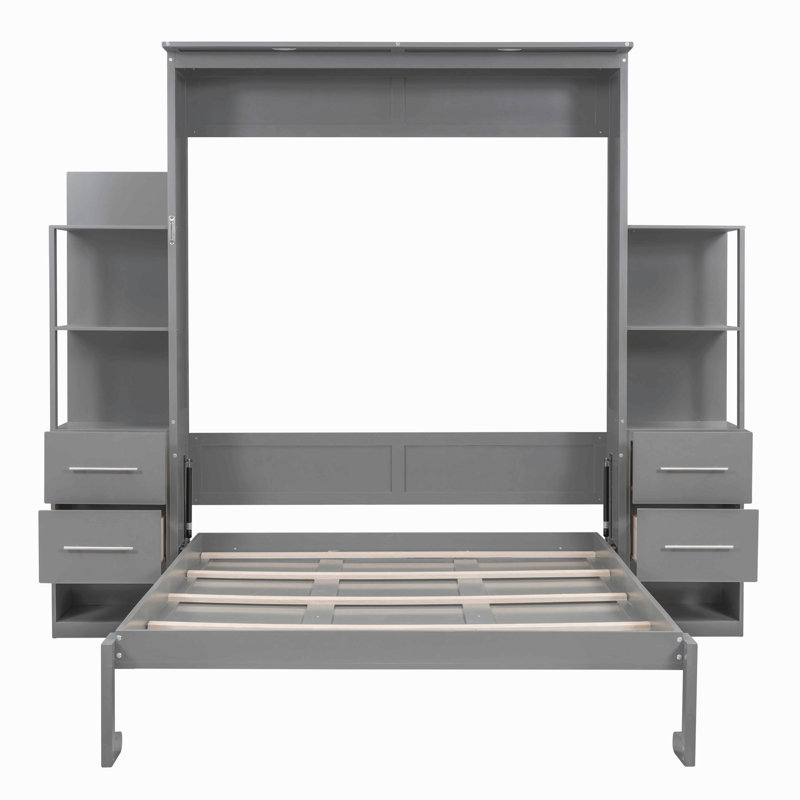 Grand lit escamotable mural avec tablettes, tiroirs et lumières, Gris