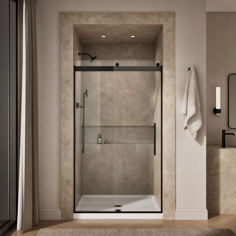 Levity Plus Less Sliding Shower Door, 81-5/8 In. H X 44-5/8 - 47-5/8 In. W, With 3/8 In.-Thick Crystal Clear Glass, Black