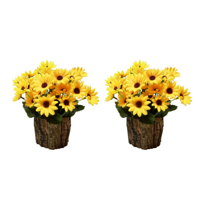 Set Of 2 Artificial Potted Flowers,Rustic Small Flower With Wooden Stump Vase Garden Yard Home Wedding Party Decor, Daisy
