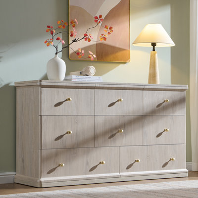 Abarca Modern 8 Drawers Dresser for Bedroom, 55" Wide Wood Dressers & Chest of Drawers w/Curved Waterfall Design,Cream