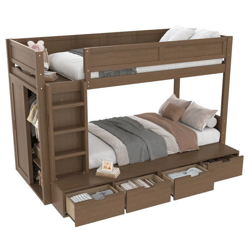 Lit superposé simple / simple TG au-dessus de simple / double en bois massif avec garde-robe intégré et 4 tiroirs, Brun rétro