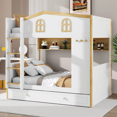Full Over Full House Bunk Bed With Trundle Bed, Wooden Bunk Bed With Storage Shelves, With Ladder And House-Shaped Safety Rails