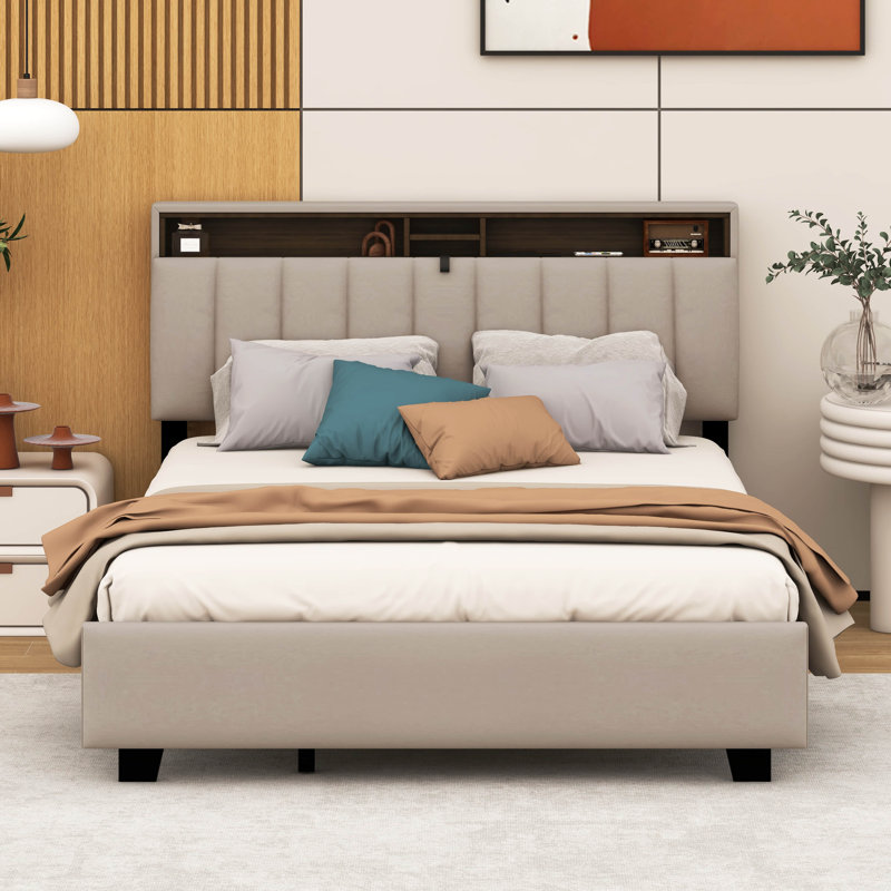 Grand lit plateforme tapissier avec tête de lit Hosley, lit gigogne simple TG et 2 tiroirs, Beige