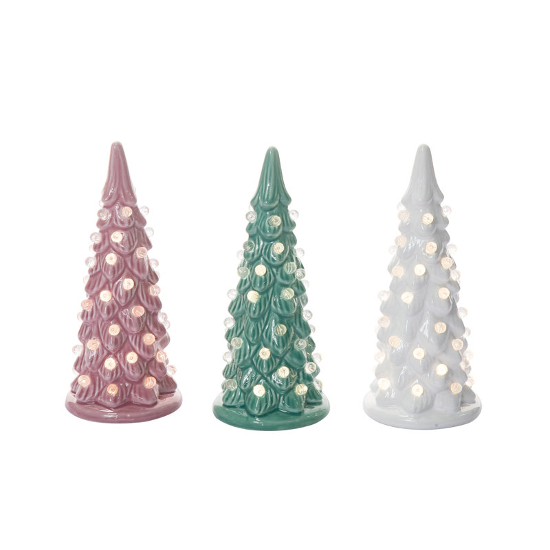 Petit arbre de Noël mince en forme de dolomite, arbre de table, vert, céramique, ensemble de 3, table, salon, Noël, décoration de Noël, éclairage à DEL
