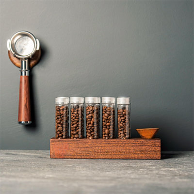 Single Dose Coffee Bean Storage Tubes Coffee Bean Cellar 10 Pcs Dosing Glass Vials With Lids (2 Oz) Wooden Display Stand And Funnel