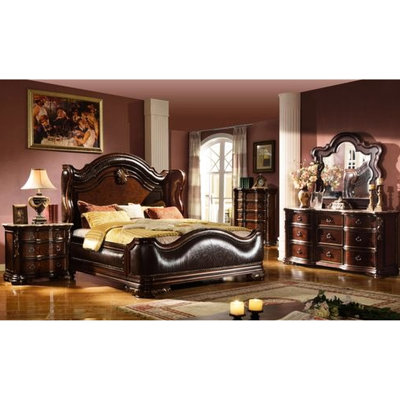 Ensemble de 4 pièces pour très grande chambre à coucher avec tête de lit à oreilles tapissier, finition foncée riche, meubles en marbre, rallonge de tiroir pleine grandeur avec tête de lit et couleur brun noyer