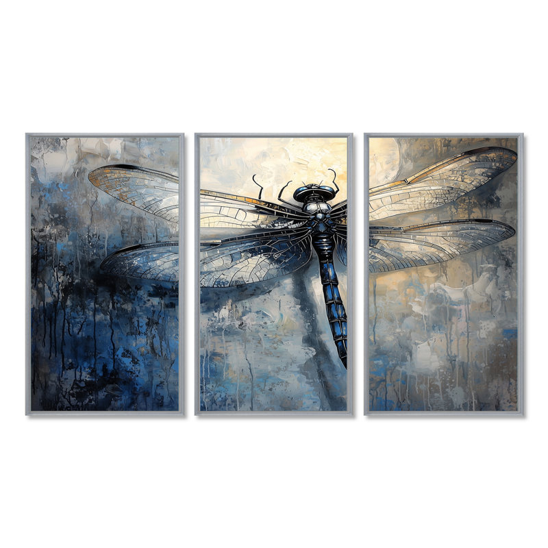 «Bluelflyfly», impression d'art de libellule bleue, Toile argentée avec cadre flottant, H 40 po x l 60 po x P 1 po