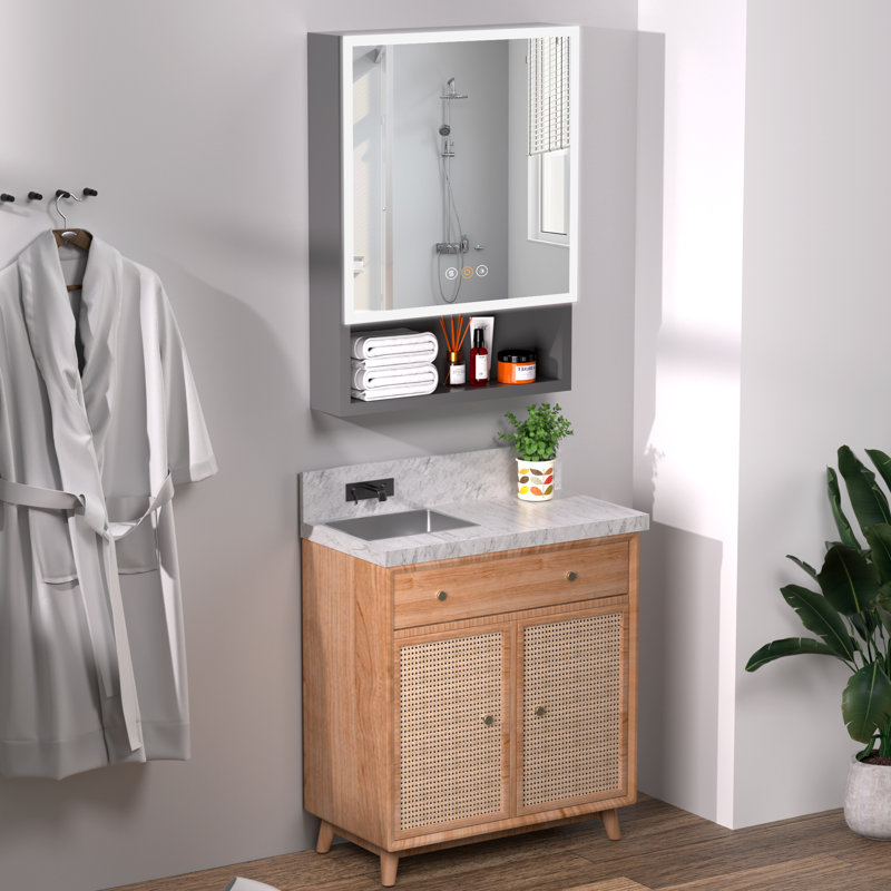 Armoire à pharmacie de surface 20 po x H 28 po avec lumière DEL et miroir, mode 3 couleurs, prise de courant et port USB, gradateur avec tablette de rangement ouverte