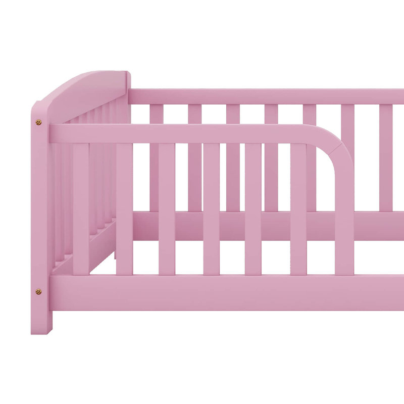Lit de clôture au sol avec entrée centrale, lit Montessori en bois de pin avec garde-corps, lit plateforme à profil bas, Rose