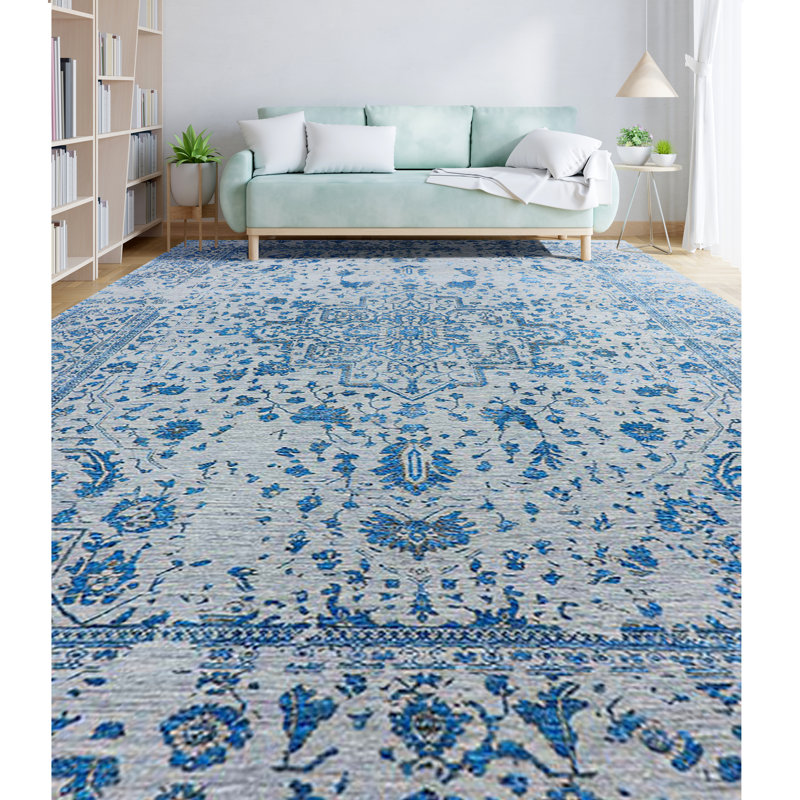 Tapis argenté et bleu clair noué à la main de haute qualité, Rectangle de 10 pi x 14 pi