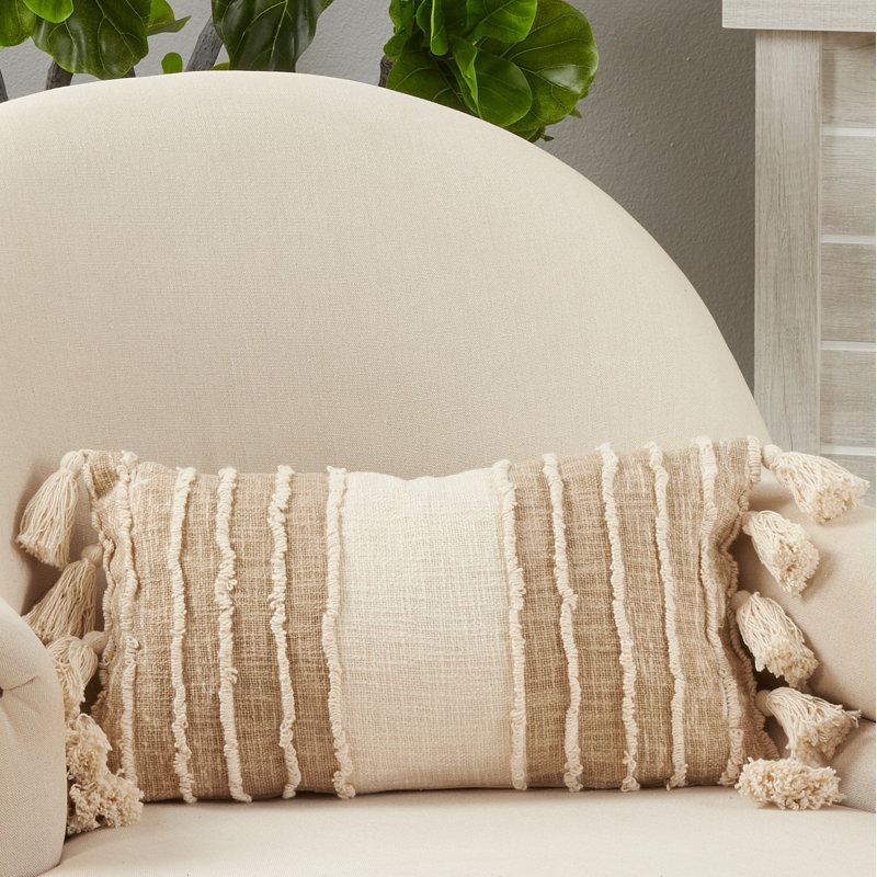 Ivory and Beige Striped Tassel Rectangular Pillow