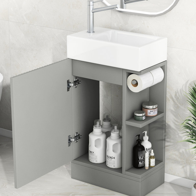 Meuble-lavabo gris 18,6 po avec planche et lavabo en céramique, tablette incluse, Gris