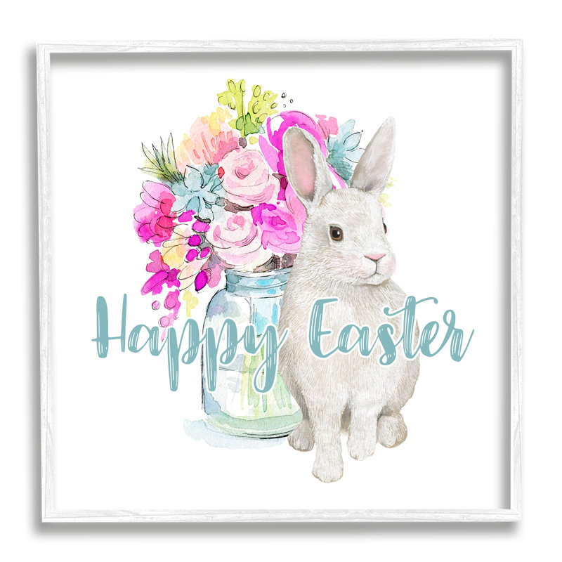 Joyeuses Pâques, calligraphie de lapin, bouquet de fleurs roses, estampe numérique encadrée de Jennifer Wambach